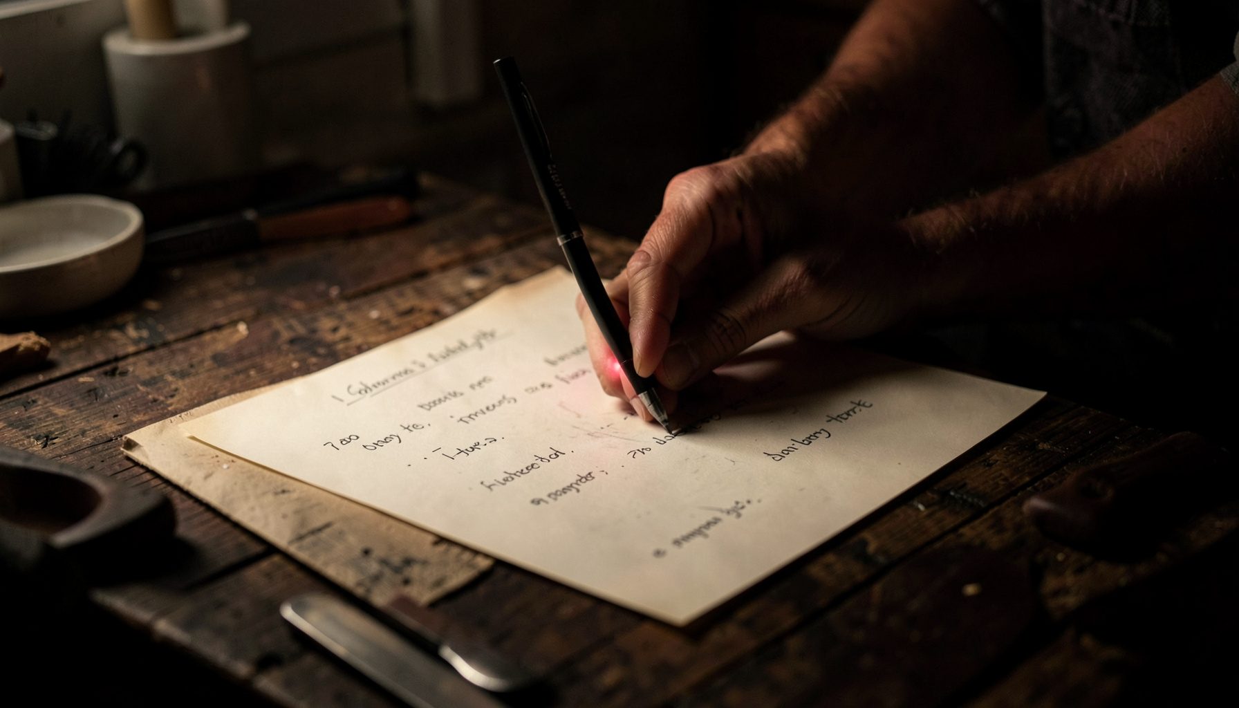 Mano escribiendo una receta sobre papel en una mesa de cocina rústica, con luz cálida y suave, tonos crema y madera oscura